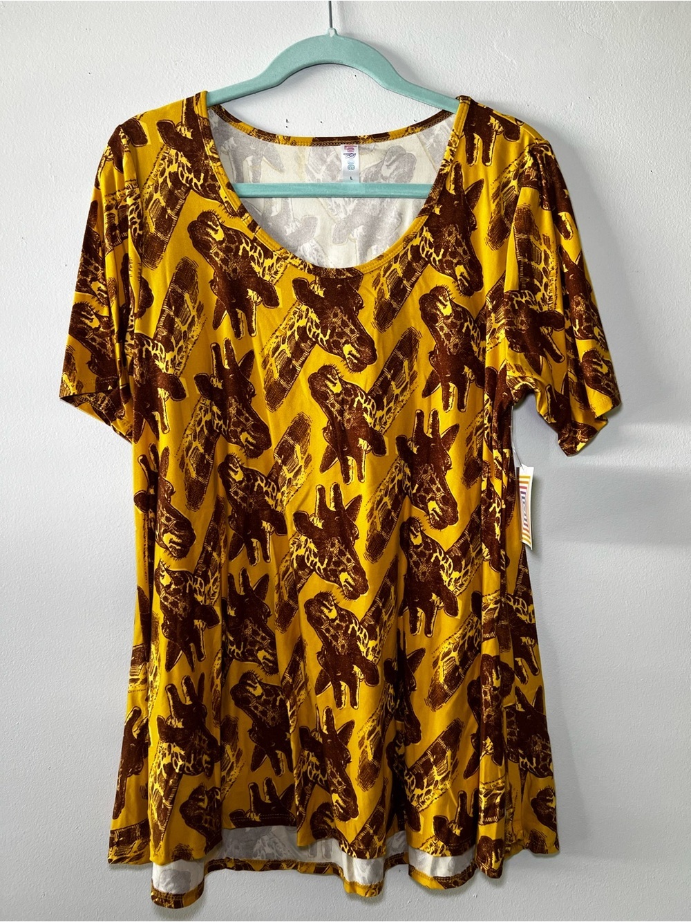 LuLaRoe Perfect T Mustard Yellow and Brown Giraffe Print Short Sleeve Tee